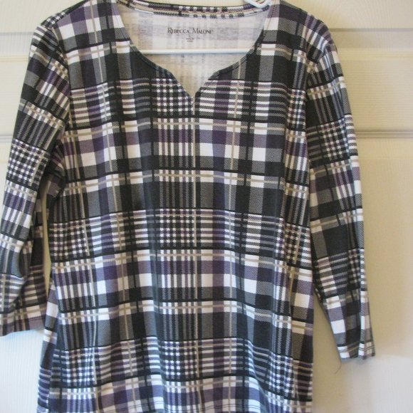 Rebecca Malone Tops - * 3/$15 Rebecca Malone Plaid Top Large EUC Purple White Gray Blouse